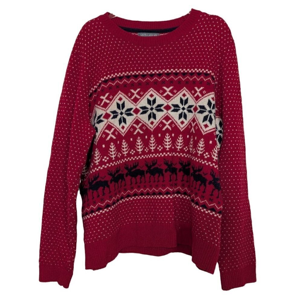 Laura Ashley Sweater Womens Size 14 Red Fair Isle Reindeer Lambswool Blend Knit